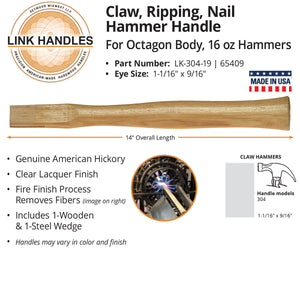 Link Handles 14" Claw, Ripping, Nail Hammer Handle, Octagon Body, for 16 Oz Hammers
