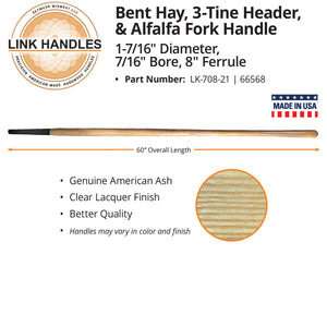 Link Handles 60" bent hay fork Handle, 1-7/16" diameter, 7/16" bore