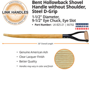 Seymour Link Handle 30" bent hollowback Shovel Handle, without shoulder, steel D-Grip, 9-1/2" chuck